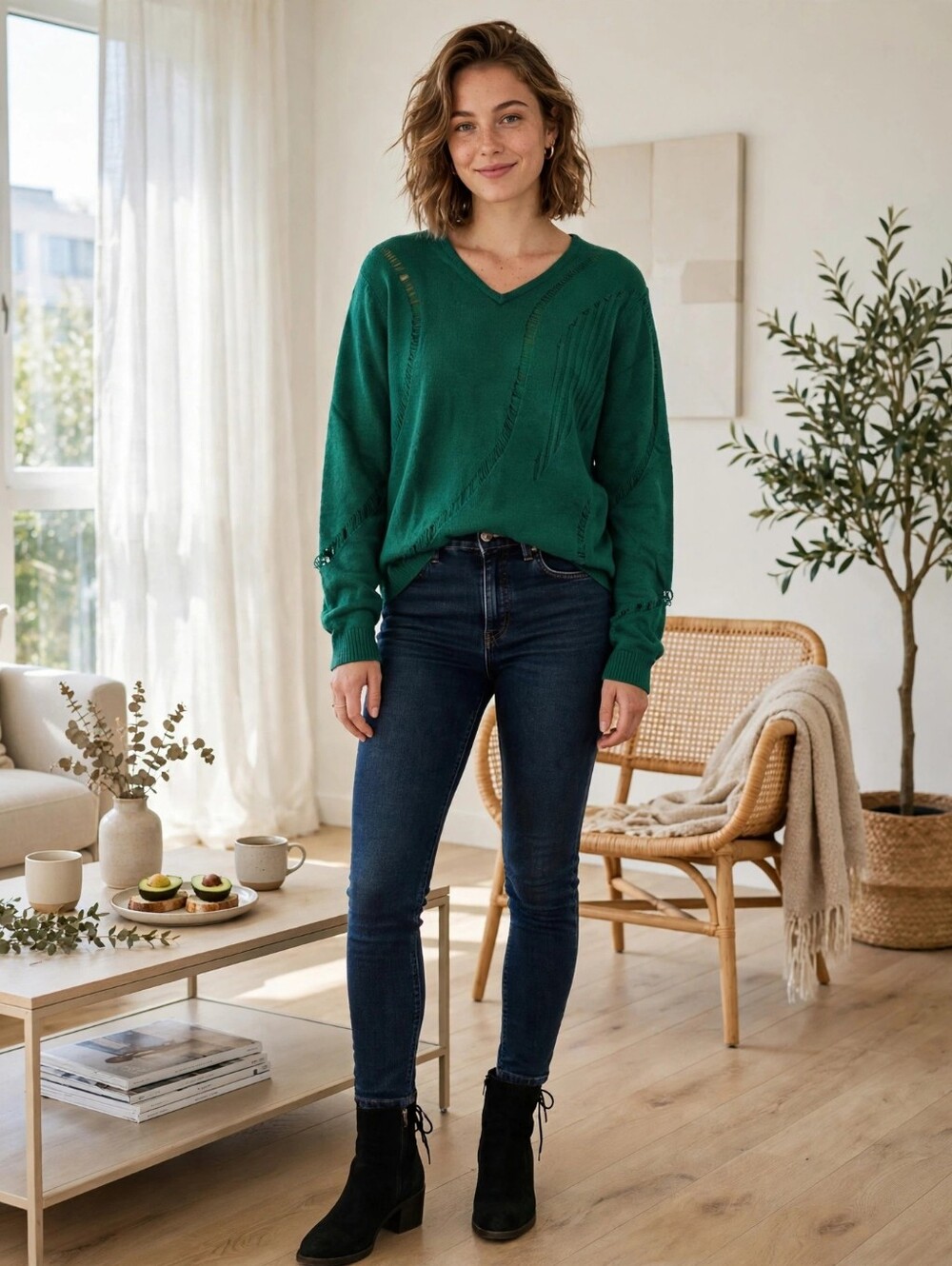 Cabbeen Green Distressed V-Neck Knit Sweater | Size S
